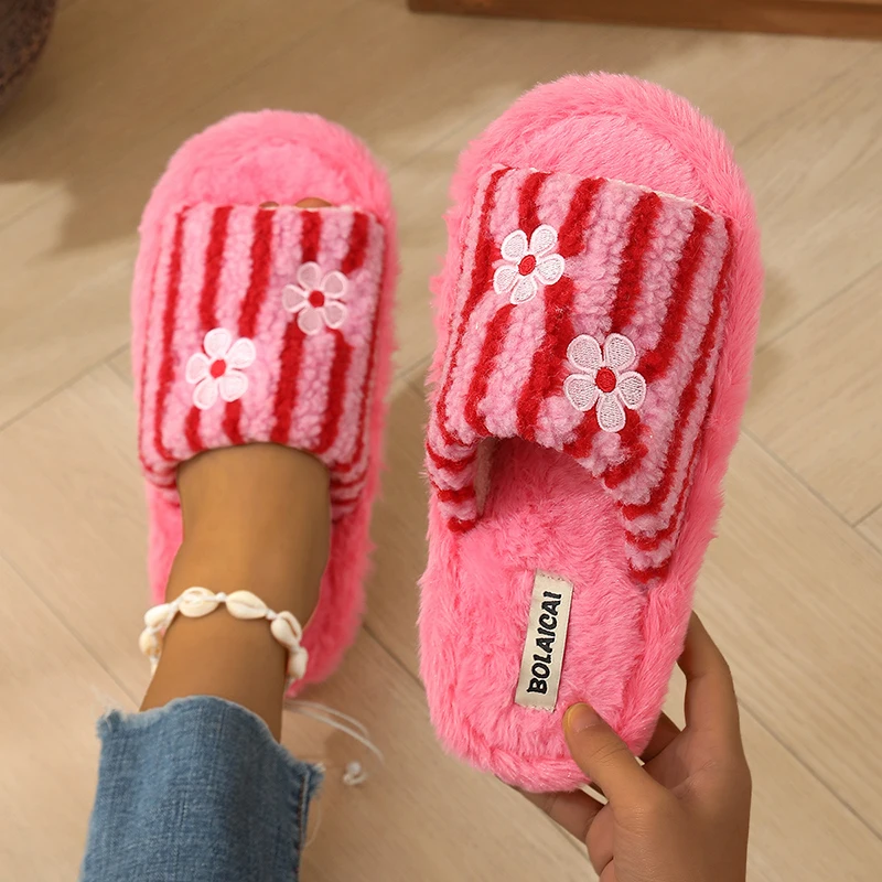 Embroidery Handicraft - Flower Embroidery Stripe Plush Slippers Women