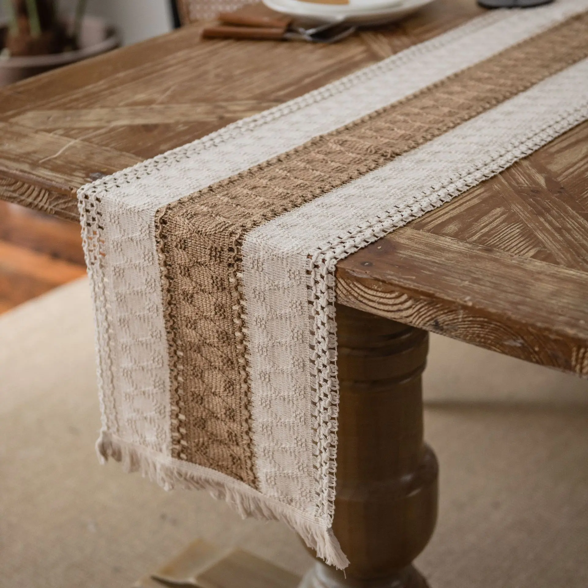 Linen Fabric Natural - Linen Cotton Stitching Table Runner Dinning