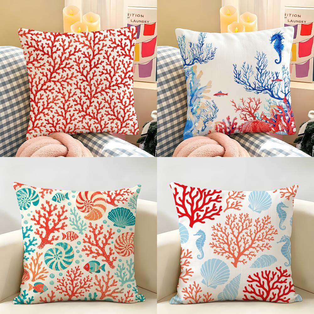 Linen Fabric Natural - Beach Red Coral Reefs Starfish Cushion