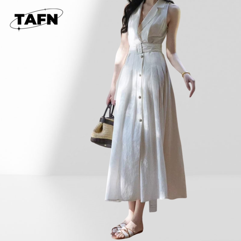 Women Fashion Office Midi Dres - Linen Fabric Natural recension och pris