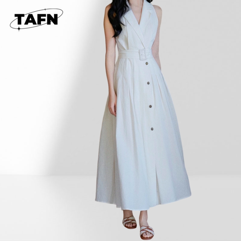 Women Fashion Office Midi Dres - Linen Fabric Natural recension och pris