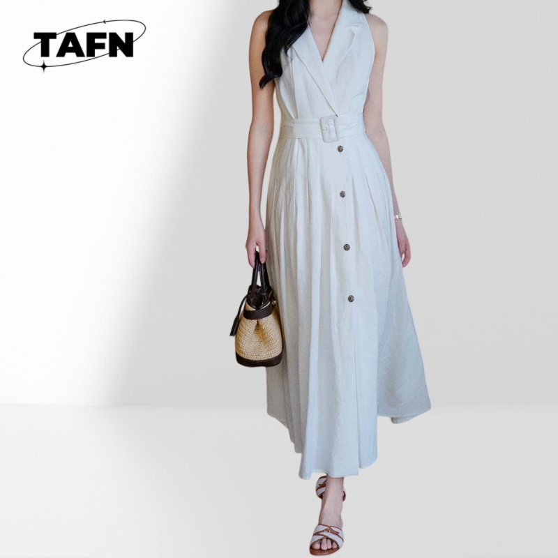 Women Fashion Office Midi Dres - Linen Fabric Natural recension och pris