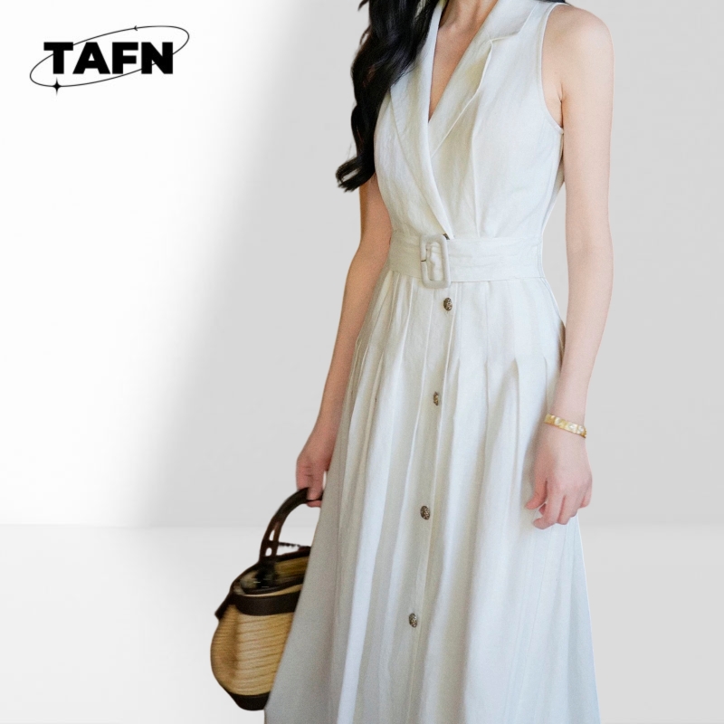 Women Fashion Office Midi Dres - Linen Fabric Natural recension och pris
