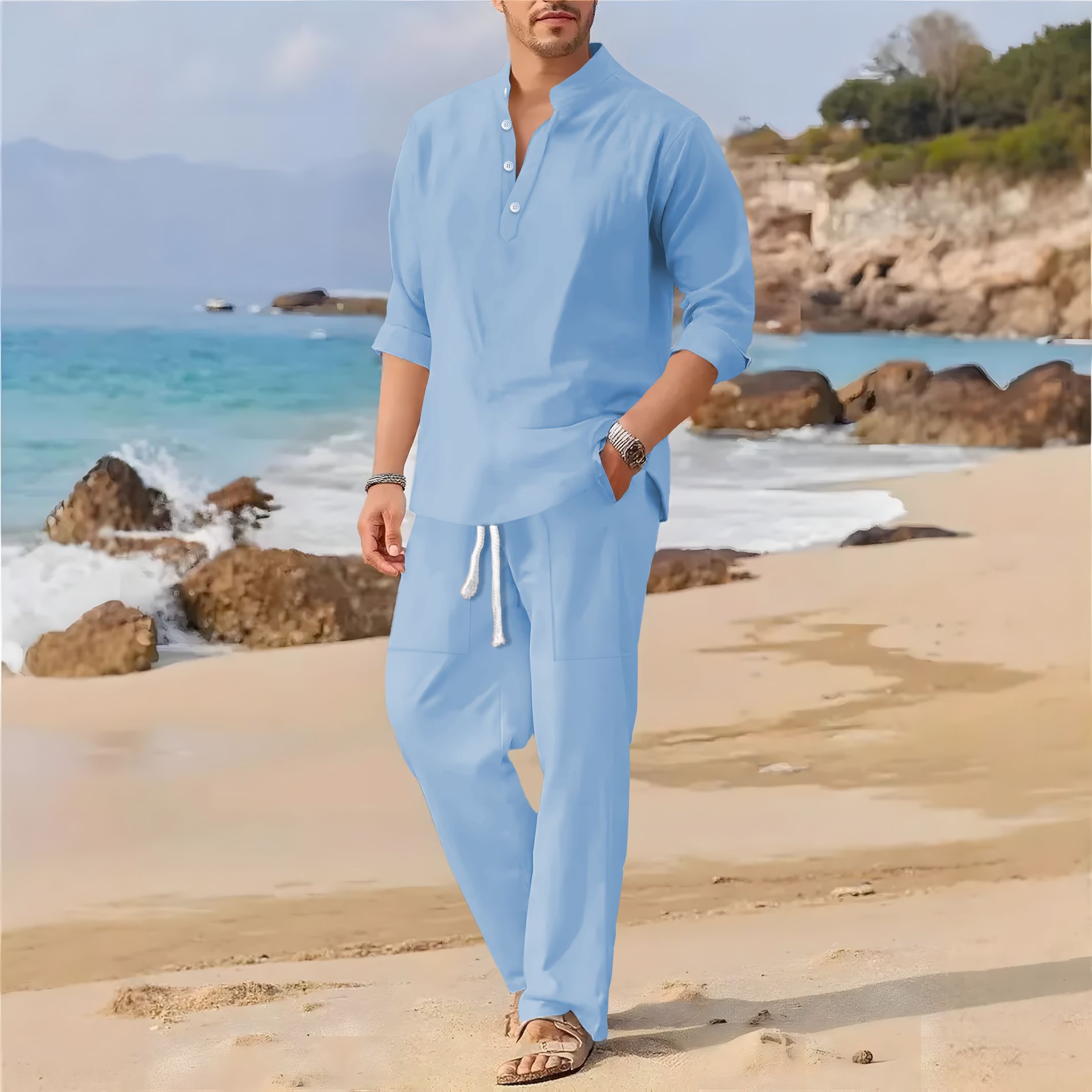 Men's retro cotton and linen s - Linen Fabric Natural recension och pris
