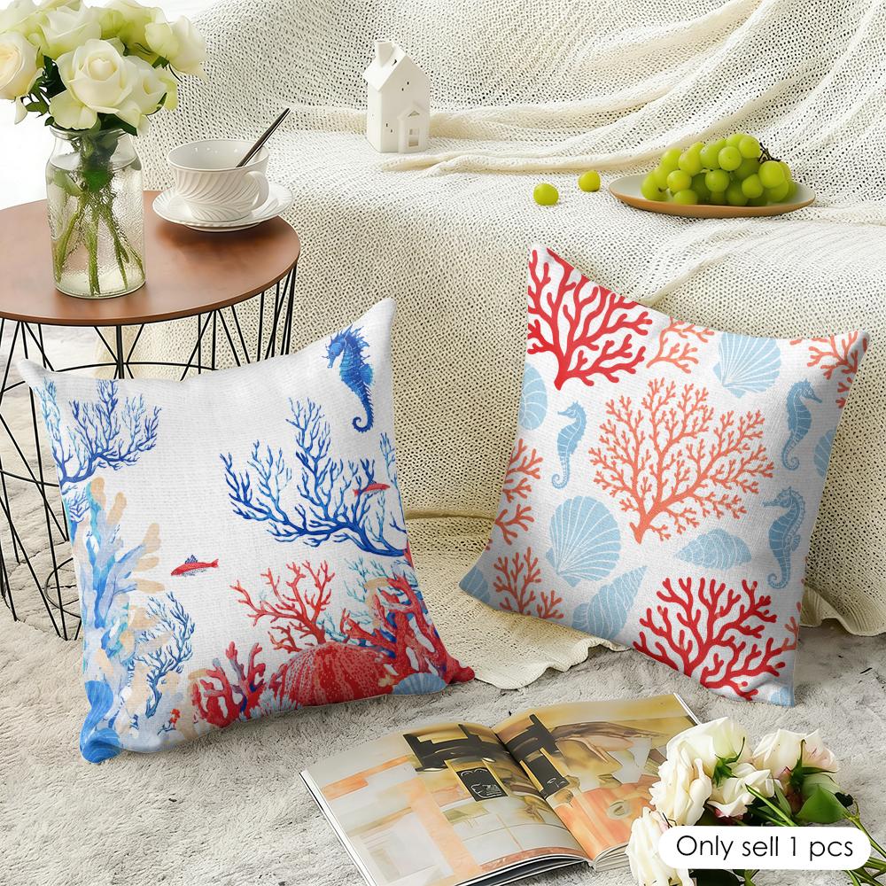 Beach Red Coral Reefs Starfish - Linen Fabric Natural recension och pris